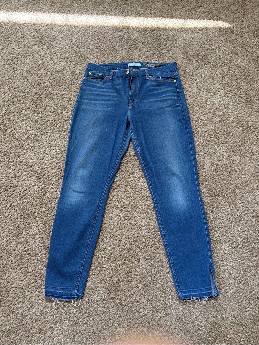 7 For All Mankind Dark Blue High Waist Skinny Jeans with Faded Detail
